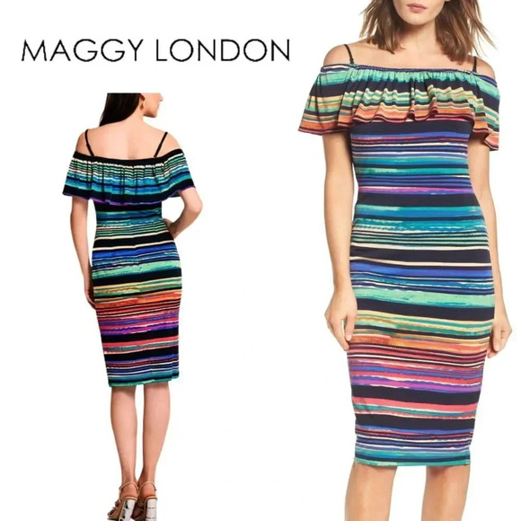 Maggy London, Off the Shoulder Ruffle Striped Dress, Blue, Green, Black, Multi - Picture 1 of 8